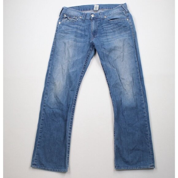 Vintage True Religion Mens 36x34 Distressed Straight Wide Leg Denim Jeans USA